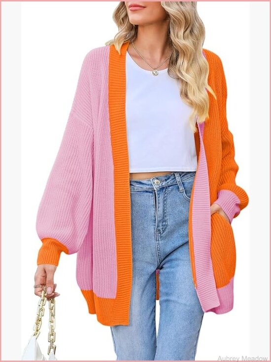Sweaters - Oversized Open Front Ribbed Knit Batwing Sleeve Cardigan with Pockets